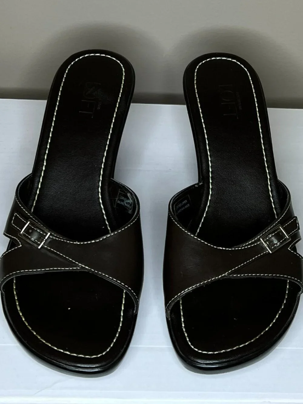 Ann Taylor Loft Brown Leather Slide Sandals Women's Size 8.5 Wedge Heel